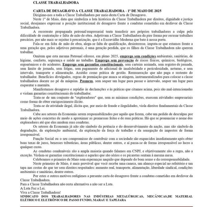 Carta de desagravo à classe trabalhadora